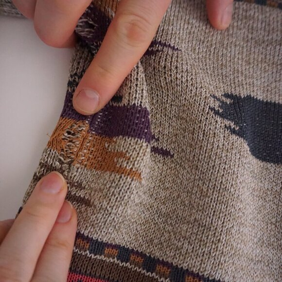 Vintage '90s London Fog Taupe Purple Aztec Cotton Crewneck Knit Sweater Large - Picture 8 of 10